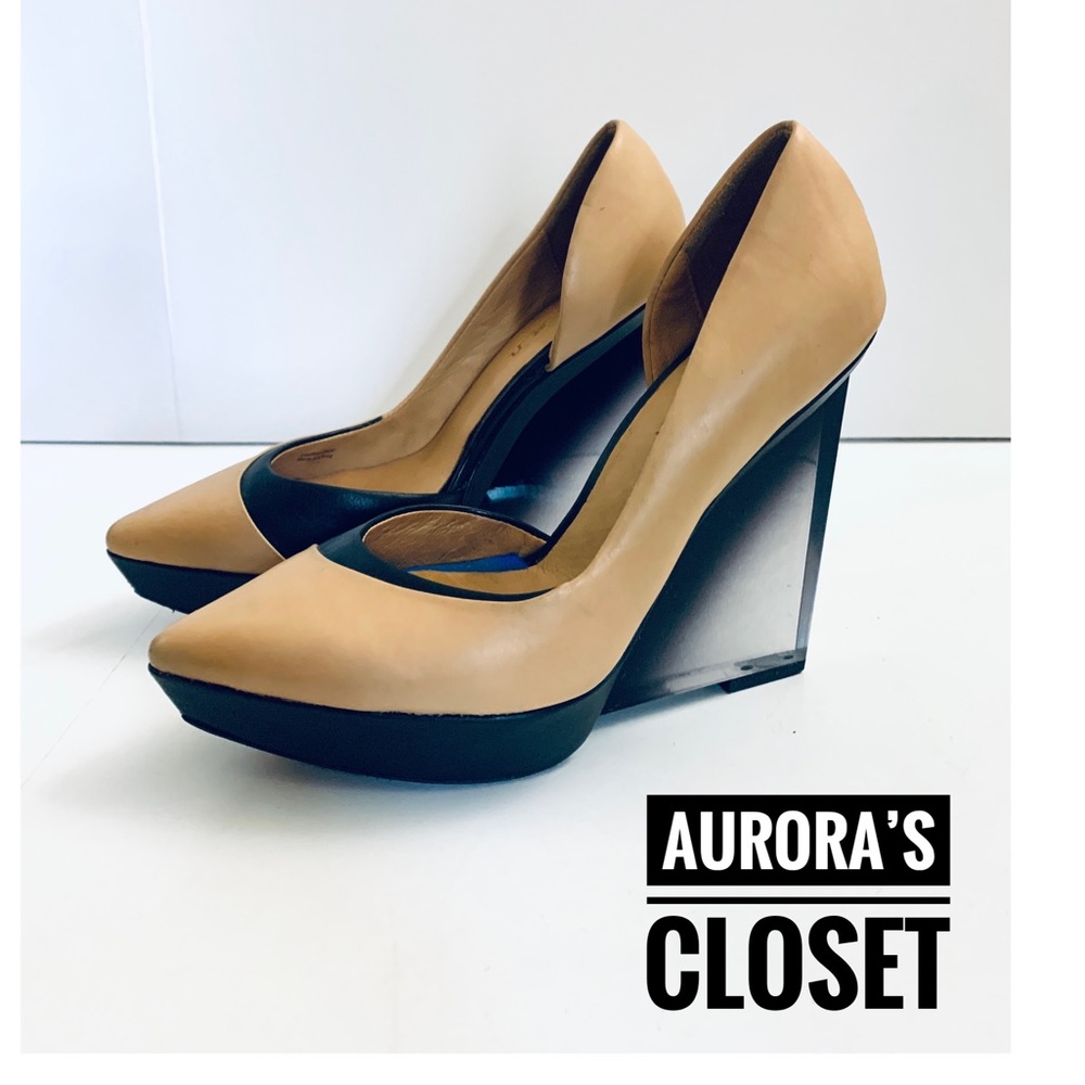 L.A.M.B. 7 Tan Conner Wedge Pump Lucite Platform Heels